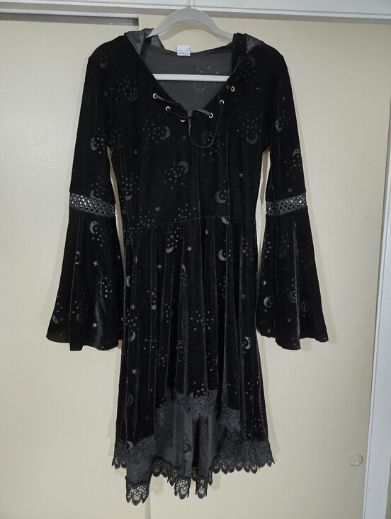 Spirit Dresses & Skirts - Celestial Coven Black Velvet Moon & Star Lace-Trim Hooded Dress Size Medium